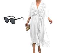 Keepholdon Dress, Elegant V-Neck Maxi Dress with Sleeves,Comfortable Skin-Friendly, High Waist Irregular Chiffon Summer Dress (White,4XL)