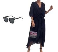 Keepholdon Dress, Elegant V-Neck Maxi Dress with Sleeves,Comfortable Skin-Friendly, High Waist Irregular Chiffon Summer Dress (Black,XXL)