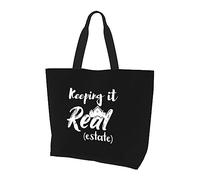Keeping It Real Estate Bolso de lona ligero para mujer, bolsa de compras reutilizable, color negro