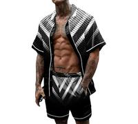 keepmore Conjunto de Verano de 2 Piezas para Hombres Camisa de Manga Corta con Estampado 3D Abstracto de Rayas y Cuadrícula Shorts con Cordón Conjunto Deportivo Casual para Playa y Vacaciones
