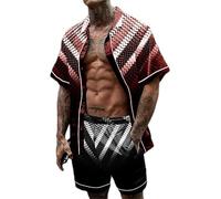 keepmore Conjunto de Verano de 2 Piezas para Hombres Camisa de Manga Corta con Estampado 3D Abstracto de Rayas y Cuadrícula Shorts con Cordón Conjunto Deportivo Casual para Playa y Vacaciones