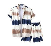 keepmore Conjunto de Verano de 2 Piezas para Hombres Camisa de Manga Corta con Estampado 3D Abstracto de Rayas y Cuadrícula Shorts con Cordón Conjunto Deportivo Casual para Playa y Vacaciones