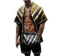 keepmore Conjunto de Verano de 2 Piezas para Hombres Camisa de Manga Corta con Estampado 3D Abstracto de Rayas y Cuadrícula Shorts con Cordón Conjunto Deportivo Casual para Playa y Vacaciones
