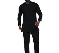 keepmore Hombres africanos Dashiki 2 Piezas Conjunto de Camisa de Manga Larga y Pantalones Kurta Conjunto Casual Raya Impreso Étnica Tradicional Tribal Outfits