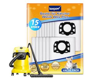 KEEPOW 15 unidades, bolsas de aspiradora para aspiradora en seco y húmedo de Karcher WD 2 Plus, WD 3, WD 3, batería de fieltro para aspiradora Kärcher WD3 S, KWD 2, KWD 1, KWD 3, SE4001, SE4002, MV 3