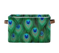 KEEPREAL Cesta de almacenamiento grande con plumas de pavo real, caja de almacenamiento plegable de tela de lona con asas para el hogar, oficina, armario