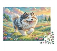 Keeshond Rompecabezas de Papel Grueso Husky Corriendo en Prado de Flores, Pack para Personas Mayores, Regalo de Amigo Invisible de Entrenamiento Cerebral 52x38cm/1000 Piezas