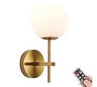 KEFA Aplique de pared alimentado por pilas, globo de vidrio blanco, lámpara de pared dorada sin cableado, estilo moderno de mediados de siglo, lámpara de latón sin alambre para dormitorio, sala de