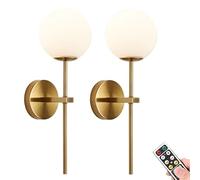 KEFA Juego de 2 apliques de pared dorados que funcionan con pilas, pantalla de cristal de globo moderna, iluminación de latón sin cableado, luces de pared regulables alimentadas por pilas, sin cable,