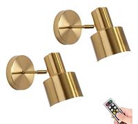 KEFA Juego de 2 apliques de pared modernos que funcionan con pilas, no cableados, lámparas de pared de latón dorado con LED regulable y control remoto, lámpara de pared pequeña inalámbrica para lavabo