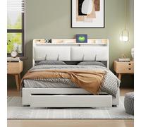 KEFSR Cama acolchada de 160 x 200 cm con contenedor hidráulico, 2 cajones, función de carga USB, cabecero LED, estructura de matrimonio de terciopelo beige, sin colchón (blanco marfil-E, 160 x 200 cm)