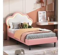 KEFSR Cama para niña de 90 x 200 cm con diseño de nubes, iluminación LED y cabecero ajustable, cama tapizada para habitación infantil, sin colchón (ros poliuretano (2), 90 x 200 cm