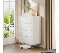 KEFSR Cómoda blanca, cómoda moderna, cómoda de madera de 4 cajones con asas doradas, cómoda de almacenamiento para dormitorio, acanalada pequeña (4 cajones)