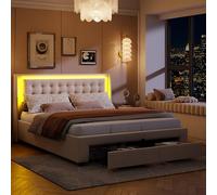 KEFSR Marco de cama LED, cama tapizada de 140 x 190 cm, camas de almacenamiento con marco de listones de madera, almacenamiento de palanca neumática, 2 cajones de almacenamiento, no necesita somier