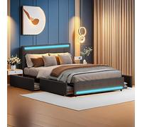 KEFSR Marco de cama tapizado de lino de 140 x 200 cm con 4 cajones de almacenamiento, marco de cama con listones de madera con luces LED, cabecero ajustable (negro, 140 x 200 cm)