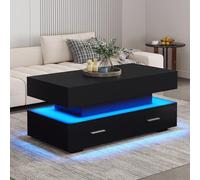 KEFSR Mesa de Centro Hidráulica Elevable con LED, 2 Cajones y Almacenamiento, Control por App Bluetooth para Salón, Medidas 100x50x44 cm (Negro, 100x50x44cm)