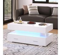 KEFSR Mesa de Centro Hidráulica Elevable con LED, 2 Cajones y Almacenamiento, Control por App Bluetooth para Salón, Medidas 100x50x44 cm (Blanco, 100x50x44cm)
