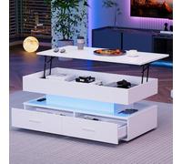 KEFURNI Mesa de centro LED 100 x 50 x 44 cm, mesa de café con ajuste de altura hidráulico y control Bluetooth por aplicación, mesa auxiliar con dos cajones y espacio de almacenamiento abierto, color
