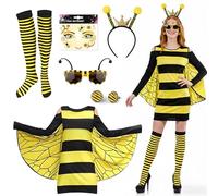Kefyvbdj Disfraz de Abeja para Adultos Mujer, Vestido Abeja Mujer con Vestido a Rayas Medias, Diadema con Antenas, Adhesivos y Gafas, Disfraz de Carnaval para Fiestas y Cosplay (XL)