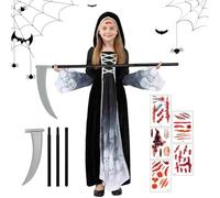 Kefyvbdj Disfraz Muerte Niña de Halloween, Disfraces de Parca Niños con Guadaña Pegatinas de Tatuajes, para Halloween Carnaval Cosplay Fiesta Costume (M)