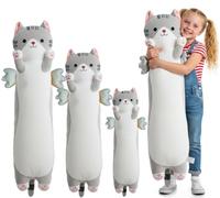 Kekeso Almohada Larga de Peluche Gato, Cojín Cuerpo de Gato Tierno con Alas, Peluche Kawaii Suave para Abrazar - Regalo para Niños en Navidad, San Valentín & Cumpleaños(Gris, 110cm/43.31in)