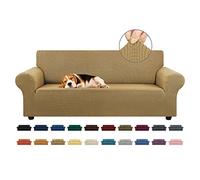 KEKUOU Funda elástica para sofá de 3 cojines, apta para mascotas (de 79 a 94 pulgadas), protector de muebles con parte inferior elástica para niños o perros, jacquard a cuadros pequeños (L, bronceado)
