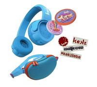 Kekz Juego de Auriculares para niños, Auriculares de Viaje para niños, Incluye Juego de Audio Cookie Crew y Estuche de Viaje con Pegatinas