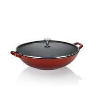 kela 11947 Wok con tapa resistente al fuego, Hierro fundido, Revestimiento esmaltado, Gran conservación del calor, Apto para inducción, Diámetro 36 cm, 4 L, Rojo, Calido