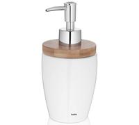kela Dispensador de jabón 350 ml NATURA, dispensador de jabón blanco cerámico, tapa de bambú, botella con bomba, dispensador de lavavajillas