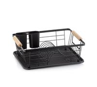 kela Escurridor de Platos Rica, Metal, Negro, Espacio para 9 Platos y 3 Vasos, 2 Soportes para Cubiertos de plástico, Asas de árbol de Goma, 11713