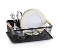 kela Escurridor de Platos Rica, Metal, Negro, Espacio para 9 Platos y 3 Vasos, 2 Soportes para Cubiertos de plástico, Asas de árbol de Goma, 11713