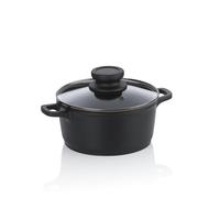 kela olla para carne de 16 cm con tapa de cristal ATURA, olla pequeña de 1 litro, olla para inducción, fundición de aluminio con revestimiento cerámico, sin PFAS, negra