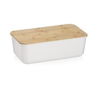 kela Panera blanca con orificios de ventilación 38 x 21 x 12,5 cm, tapa de bambú FSC como tabla de cortar, panera de plástico, APART, caja para guardar pan