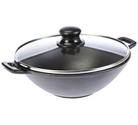 kela Wok de hierro fundido con tapa de cristal de 24 cm, mini wok con rejilla para cocinar al vapor, palillos, pinzas de madera, wok pequeño para inducción, sartén wok de 1,6 l con tapa