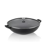 kela Wok de hierro fundido con tapa de cristal de 36 cm CALIDO, sartén wok para inducción, sartén wok con tapa, esmaltada, negra