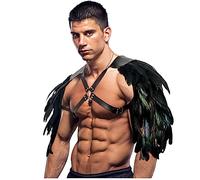 keland Medieval Pauldron de Cuero de Plumas Armadura de Hombro Harness de Pecho Vikingo para Halloween Cosplay (Y-Negro)