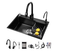 KELINGOUD Fregadero de cocina negro, de acero inoxidable con 1 cuenco, fregadero de instalación empotrada/superficial con accesorios deslizantes, fregadero de cocina de estilo rústico con varios