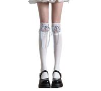 Kelisdi Calcetines largos para mujer, estilo ballet, con lazos, sobre la rodilla, de encaje, con volantes, hasta el muslo, para estudiantes y niñas, Calcetines blancos y azules, Talla única