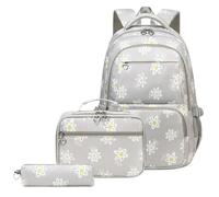 Kelisdi Mochila de gran capacidad de 3 piezas con bolsa de almuerzo, estuche para lápices, mochila escolar funcional para estudiantes, mochila informal para estudiantes, Gray, Mass Beauty