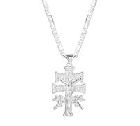 kelistom Colgante de cruz católica de caravaca católica de acero inoxidable en tono plateado de 14 quilates con collar de ángel de querubín para mujeres y hombres, collar de cadena Figaro plana de 3