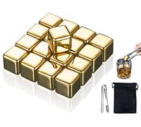 Kellegour Cubitos de Hielo Acero Inoxidable,16 Piezas Cubitos Hielo Reutilizables Acero Inoxidable Oro,Cubitos de Hielo Reutilizables + Abrazaderas e Bolsa,para Whisky,Vodka,Licor,Vino,Jugo de Bebida