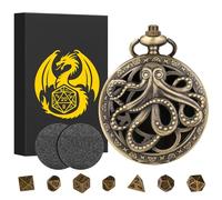 Keller & Weber Juego de Dados Mini DND Steampunk Caja de Reloj de Bolsillo de Pulpo Hueco, 7 Piezas de Dados D&D de Metal Poliédrico, Regalos de DND con Caja, Accesorios para Juegos de Mesa, Bronce