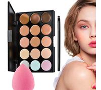 Keloc Paleta correctora, maquillaje crema cosmética pura cobertura completa, 15 colores ultra contorno facial y 1 cepillo maquillaje y 1 huevo maquillaje