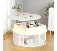 Kelodan 75 x 75 x 52 cm Mesa de centro redonda regulable en altura, con dos puertas enrollables y espacio de almacenamiento oculto, color blanco, mesa de alto brillo