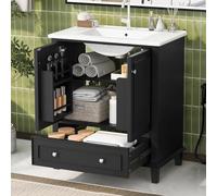 Kelodan Armario de baño blanco de 73 x 46 x 87 cm, patas de madera maciza, material de MDF, resistente a la humedad y al agua, gran espacio de almacenamiento, lavabo de cerámica integrado, fácil de