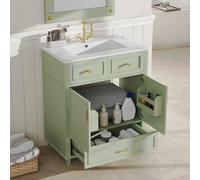 Kelodan Armario para debajo del lavabo con lavabo de cerámica, cajón de cierre suave, moderno armario de baño con espacio de almacenamiento, asas de metal y protección contra desbordamiento, verde, 81
