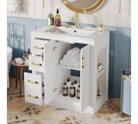 Kelodan Armario para lavabo de 76,5 x 46,5 x 84,5 cm, con 3 cajones y estante lateral, armario para baño con mucho espacio de almacenamiento, bisagras de cierre suave y lavabo de cerámica, color