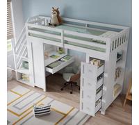 Kelodan Cama alta para niños, multifuncional, 90 x 200 cm, con espacio de almacenamiento y área de aprendizaje, litera, mesa empotrada, cajones, estantes laterales, pino+MDF, tablero de partículas