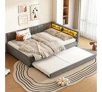 Kelodan Cama de día, 140 x 200 cm, sofá cama, compartimento de almacenamiento, USB tipo C, mando a distancia, LED, lino, gris, cama sin colchón