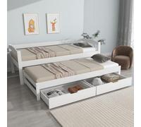 Kelodan Cama de día 200 x 90 cm/190 x 90 cm, cama individual y doble deslizante con ruedas inferiores, 2 cajones de tablero de fibra de densidad media, marco de madera maciza, color blanco